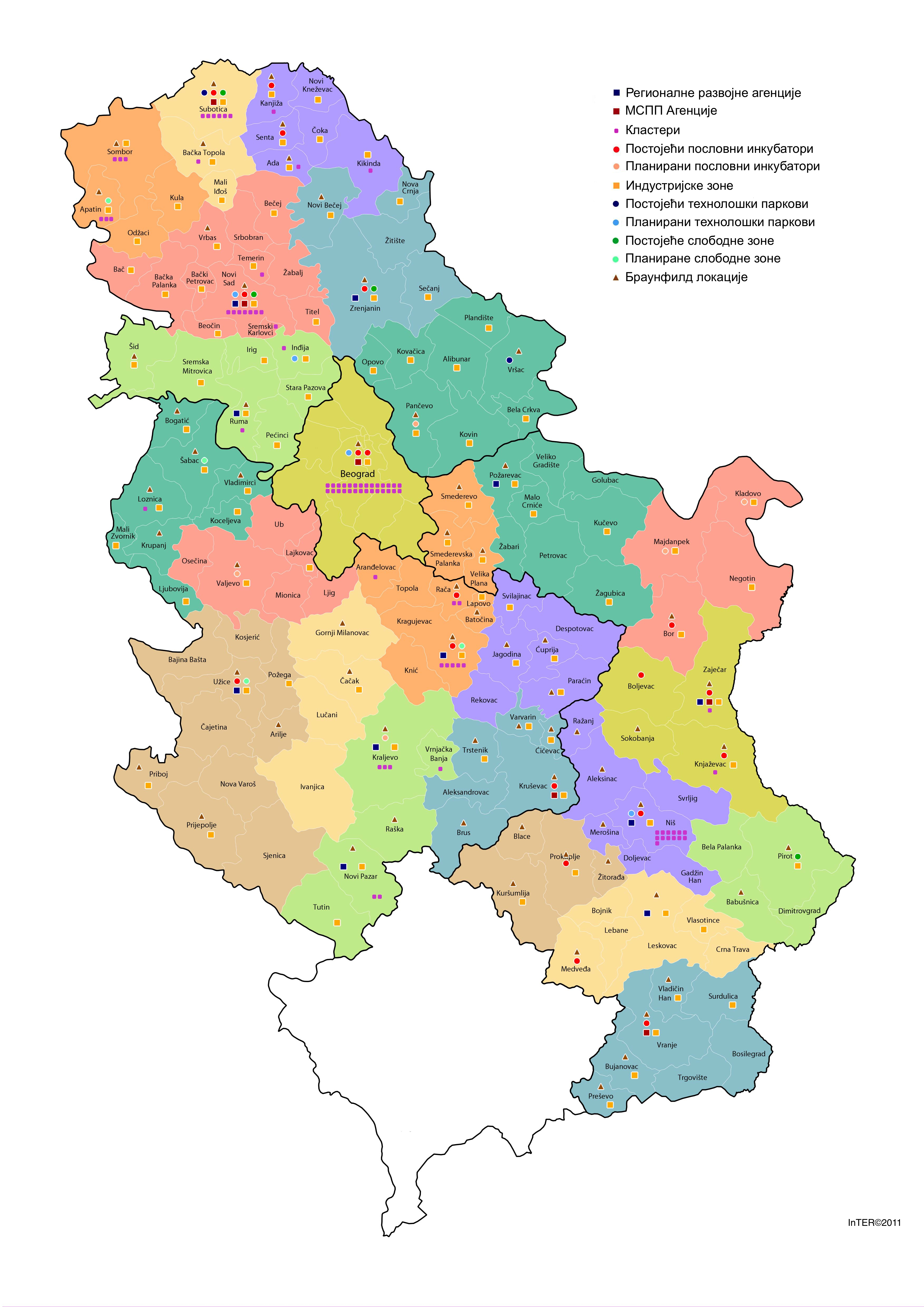 regionalna karta srbije InTER   Map of business support infrastructure in Serbia regionalna karta srbije