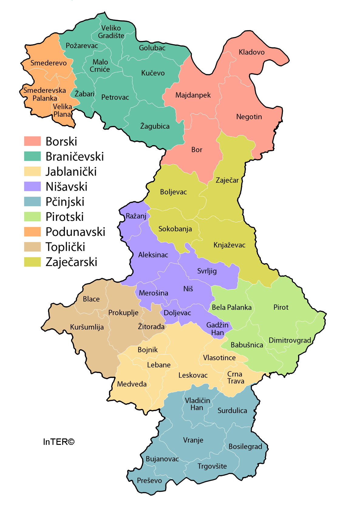 mapa jugoistocne srbije InTER   Karta regiona Južne i Istočne Srbije mapa jugoistocne srbije