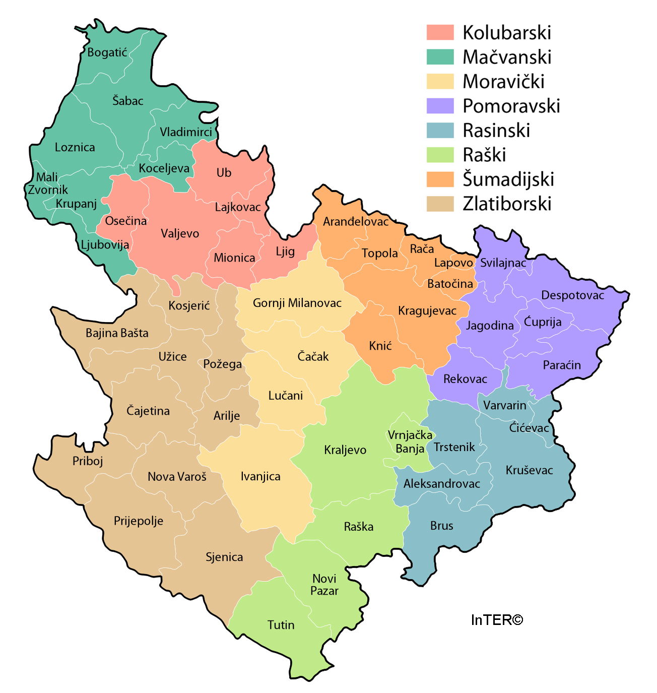 zapadna srbija mapa InTER   Karta regiona Šumadije i Zapadne Srbije zapadna srbija mapa